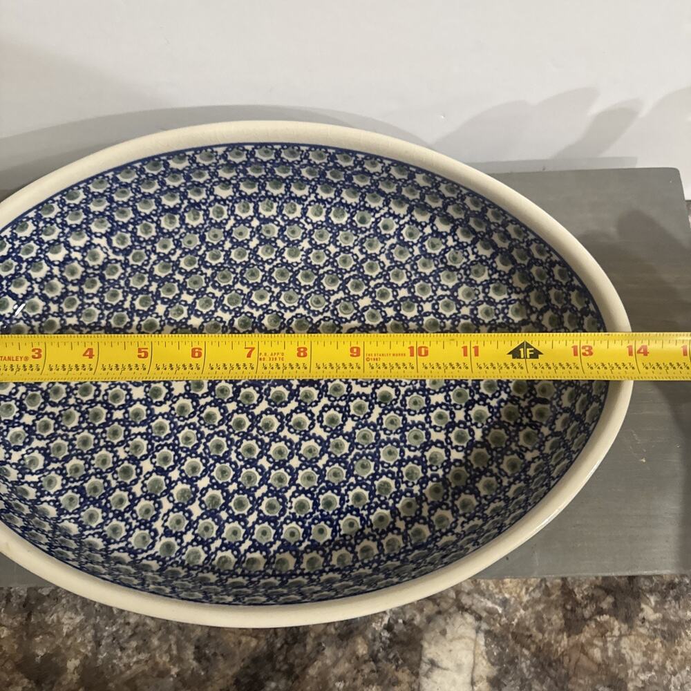 Vintage Boleslawiec Polish Pottery, Oval Deep Baking Dish, Blue And Green 14in - Picture 10 of 14